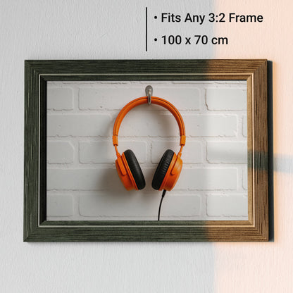 Orange Headphones Clean - Arts To GloryOrange Headphones CleanDigital Wall ArtArts To GloryFramed minimalist art print featuring bold orange headphones on a clean white brick wall, enhancing contemporary interiors.