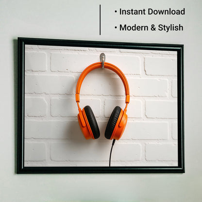 Orange Headphones Clean - Arts To GloryOrange Headphones CleanDigital Wall ArtArts To GloryMinimalist digital wall artwork with striking orange headphones on a clean white brick backdrop, ideal for modern spaces.
