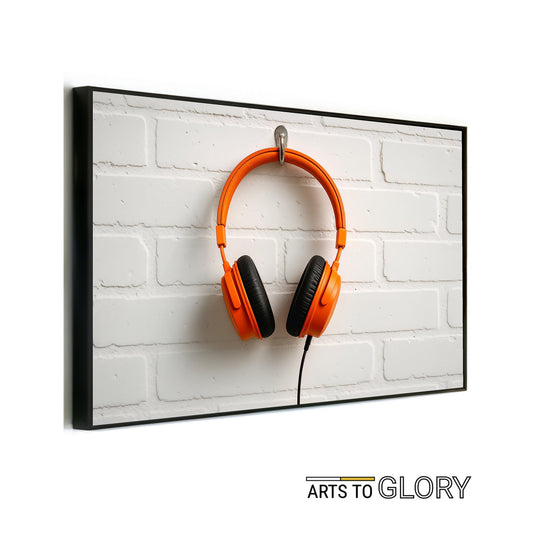 Orange Headphones Clean - Arts To GloryOrange Headphones CleanDigital Wall ArtArts To GloryArts To Glory digital art print featuring vibrant orange headphones against a minimalist white brick wall, perfect for contemporary décor.