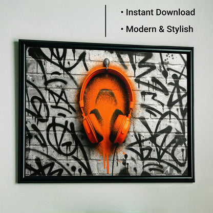 Orange Headphones Rough - Arts To GloryOrange Headphones RoughDigital Wall ArtArts To GloryMinimalist urban digital artwork showcasing orange headphones against a gritty graffiti brick background.