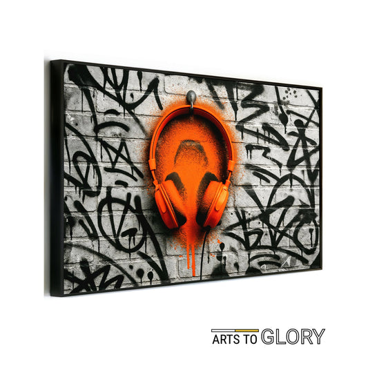 Orange Headphones Rough - Arts To GloryOrange Headphones RoughDigital Wall ArtArts To GloryArts To Glory digital print featuring vivid orange headphones on a graffiti - covered brick wall, ideal for urban décor.