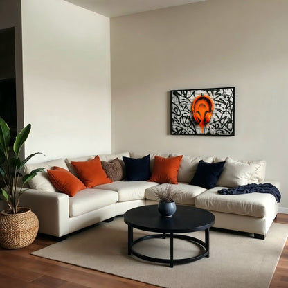 Orange Headphones Rough - Arts To GloryOrange Headphones RoughDigital Wall ArtArts To GloryModern office setting showcasing digital wall art of orange headphones on a graffiti - covered brick wall.