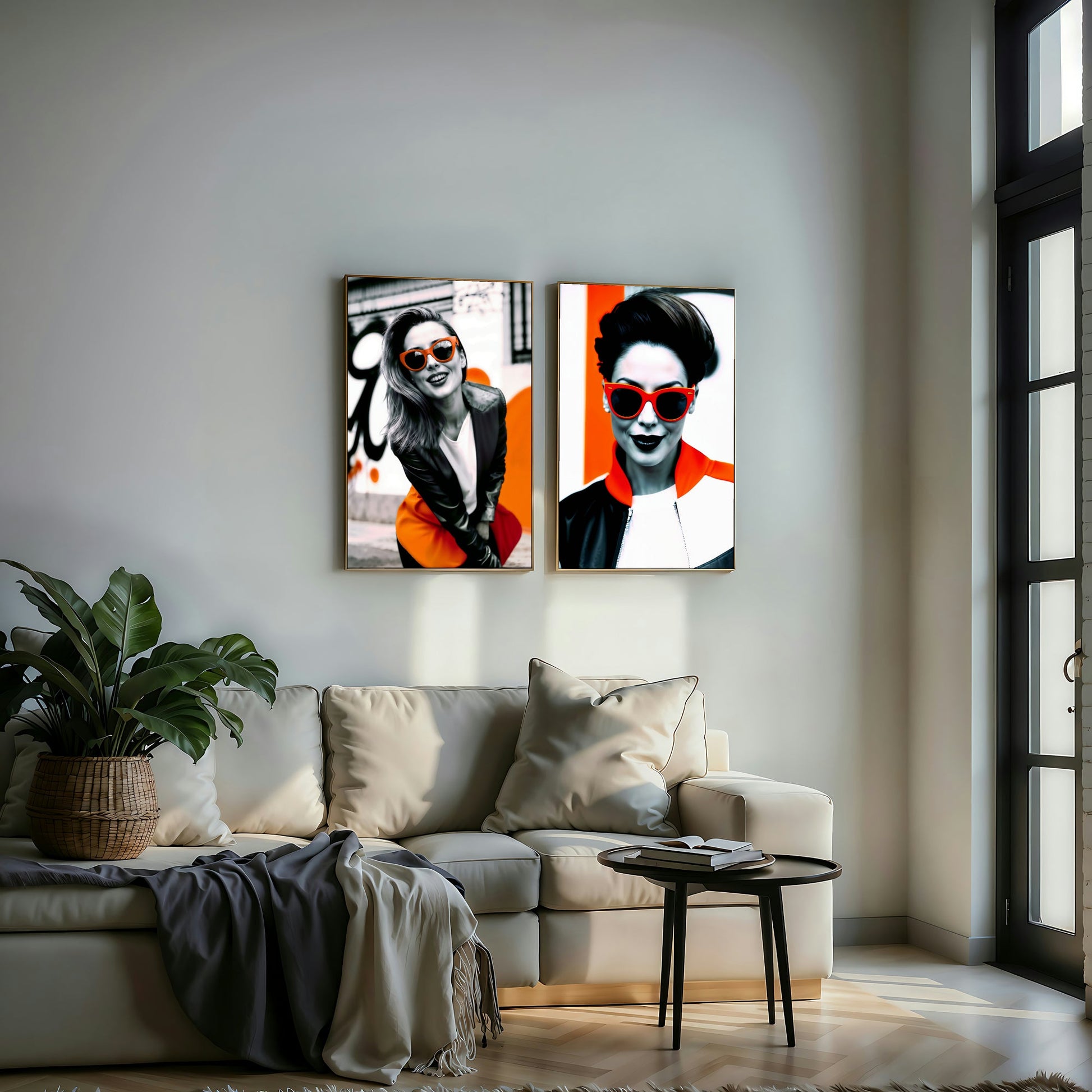 Orange Sunglasses - 2 Set of Digital Wall Art 61x91cm Featuring Bold Street Fashion - Arts To GloryOrange Sunglasses - 2 Set of Digital Wall Art 61x91cm Featuring Bold Street FashionDigital Wall ArtArts To GlorySet of 2 digital wall art featuring women in bold orange sunglasses, elegantly displayed in a modern living room with stylish décor.