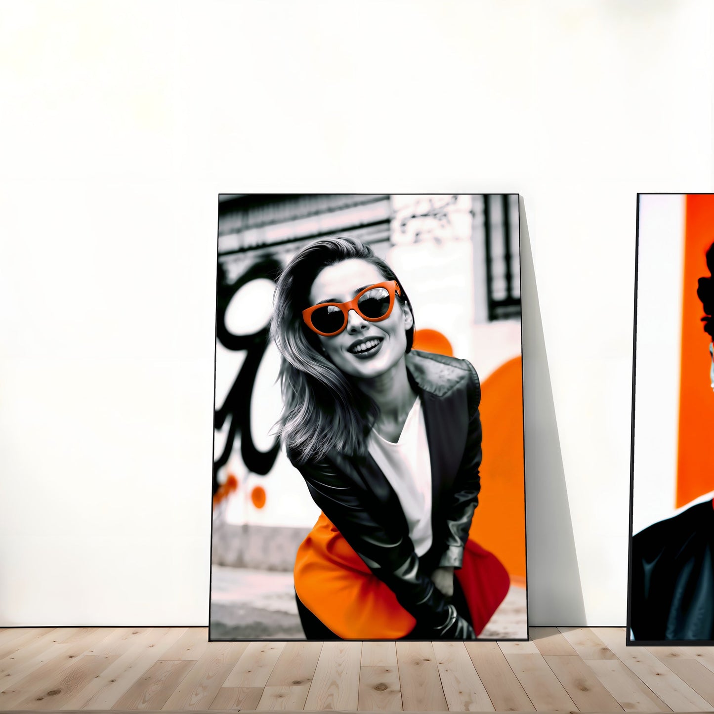 Orange Sunglasses - 2 Set of Digital Wall Art 61x91cm Featuring Bold Street Fashion - Arts To GloryOrange Sunglasses - 2 Set of Digital Wall Art 61x91cm Featuring Bold Street FashionDigital Wall ArtArts To GlorySet of 2 digital wall art featuring stylish women in orange sunglasses, displayed leaning against a white wall on a wooden floor.