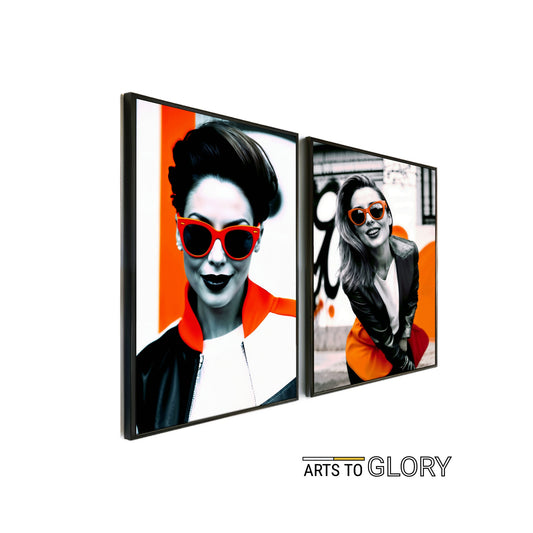 Orange Sunglasses - 2 Set of Digital Wall Art 61x91cm Featuring Bold Street Fashion - Arts To GloryOrange Sunglasses - 2 Set of Digital Wall Art 61x91cm Featuring Bold Street FashionDigital Wall ArtArts To GlorySet of 2 digital wall art featuring stylish women in orange sunglasses with a monochrome city backdrop, perfect for modern interiors.