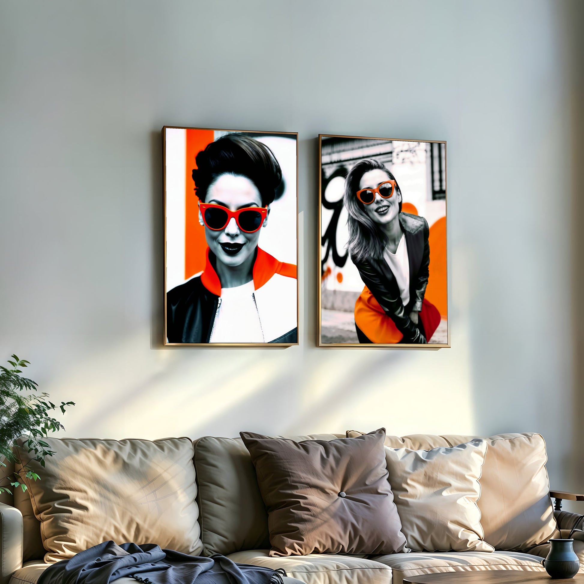 Orange Sunglasses - 2 Set of Digital Wall Art 61x91cm Featuring Bold Street Fashion - Arts To GloryOrange Sunglasses - 2 Set of Digital Wall Art 61x91cm Featuring Bold Street FashionDigital Wall ArtArts To GlorySet of 2 digital wall art with orange sunglasses, stylishly displayed in a modern living room setting, showcasing bold contrasts.