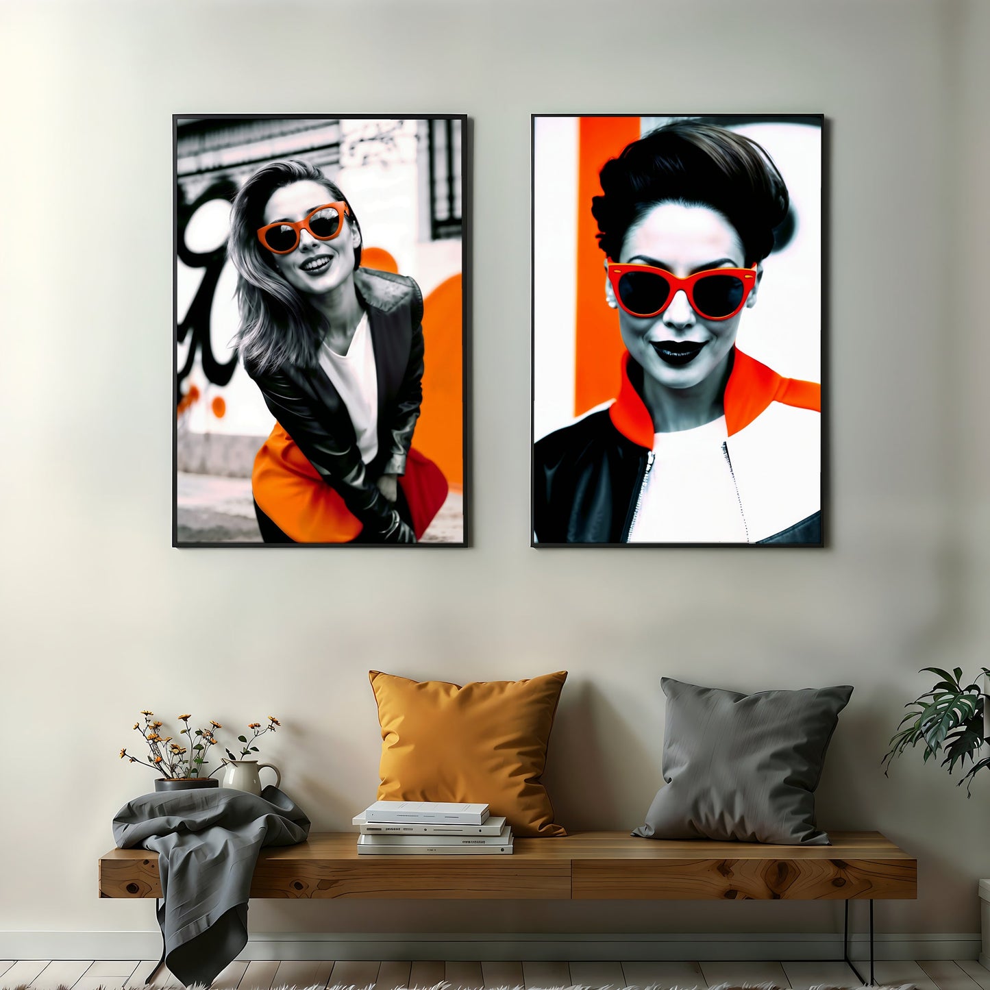 Orange Sunglasses - 2 Set of Digital Wall Art 61x91cm Featuring Bold Street Fashion - Arts To GloryOrange Sunglasses - 2 Set of Digital Wall Art 61x91cm Featuring Bold Street FashionDigital Wall ArtArts To GlorySet of 2 orange sunglasses digital wall art hanging above a minimalist wooden bench, highlighting the bold urban fashion style.