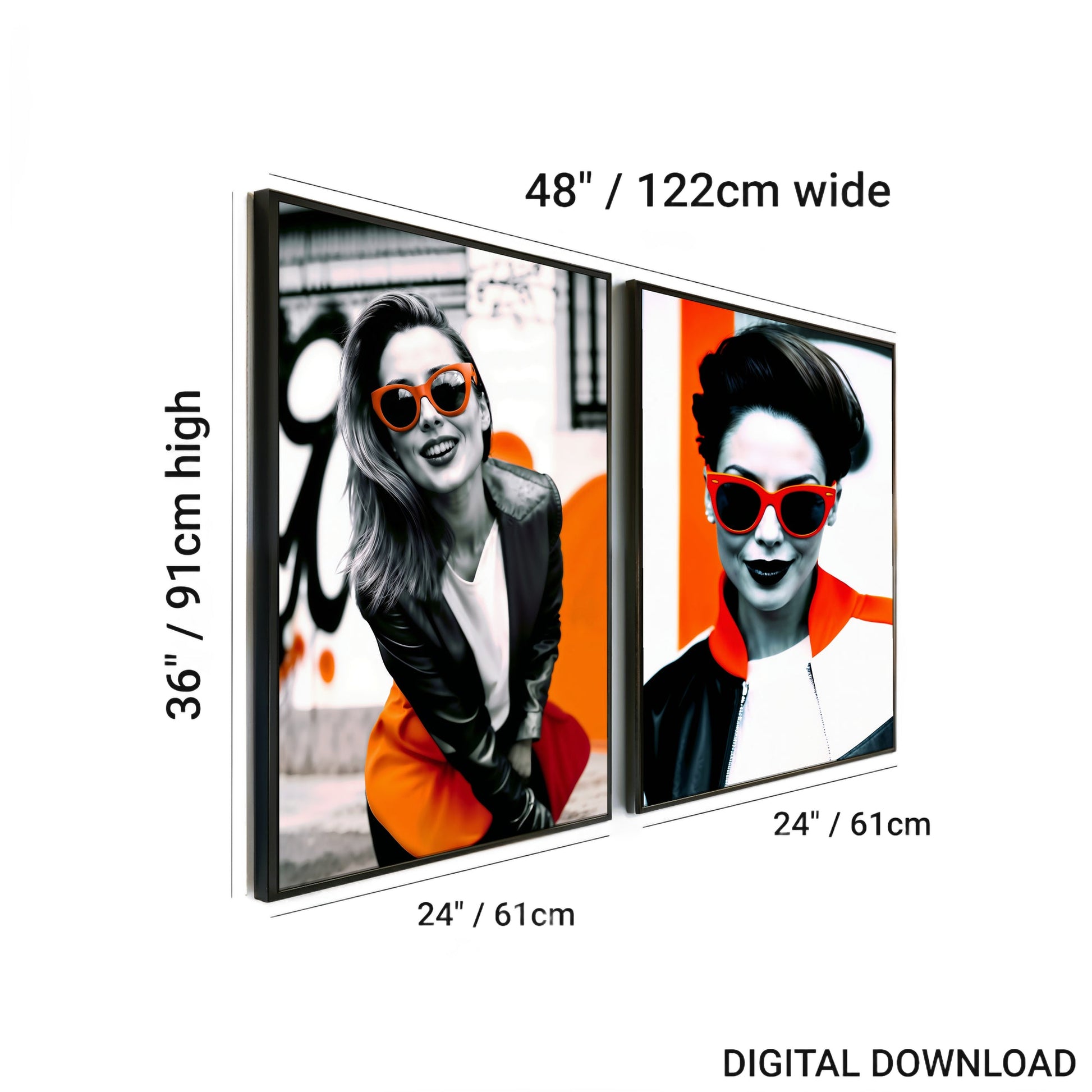 Orange Sunglasses - 2 Set of Digital Wall Art 61x91cm Featuring Bold Street Fashion - Arts To GloryOrange Sunglasses - 2 Set of Digital Wall Art 61x91cm Featuring Bold Street FashionDigital Wall ArtArts To GloryDimensions of the set of 2 digital wall art featuring bold orange sunglasses, each piece measuring 61x91cm, total width of 122cm.