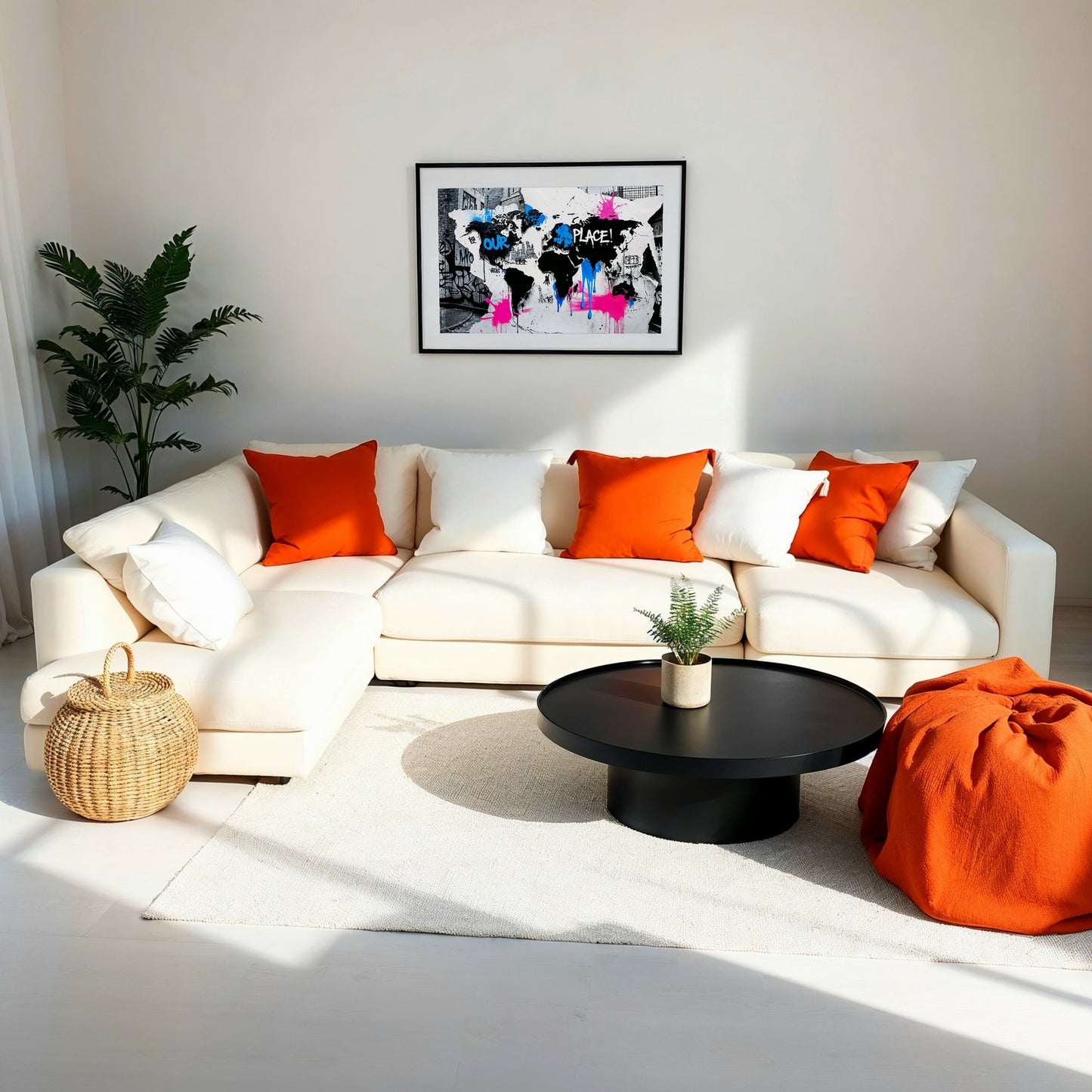 "Our Place" - World Map - Arts To Glory"Our Place" - World MapDigital Wall ArtArts To GloryA stylish and minimalistic living room with neutral décor featuring a framed graffiti - inspired world map artwork with expressive textures and neon colours