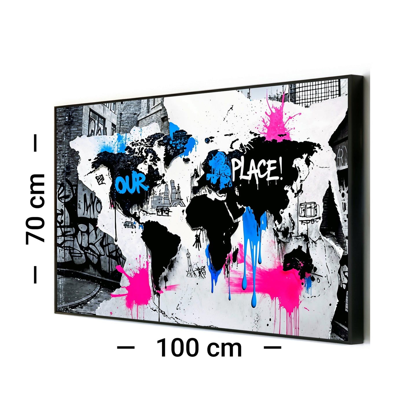 "Our Place" - World Map - Arts To Glory"Our Place" - World MapDigital Wall ArtArts To GloryHigh - resolution digital download of a striking stencil - style world map with bold black continents and neon spray paint highlights