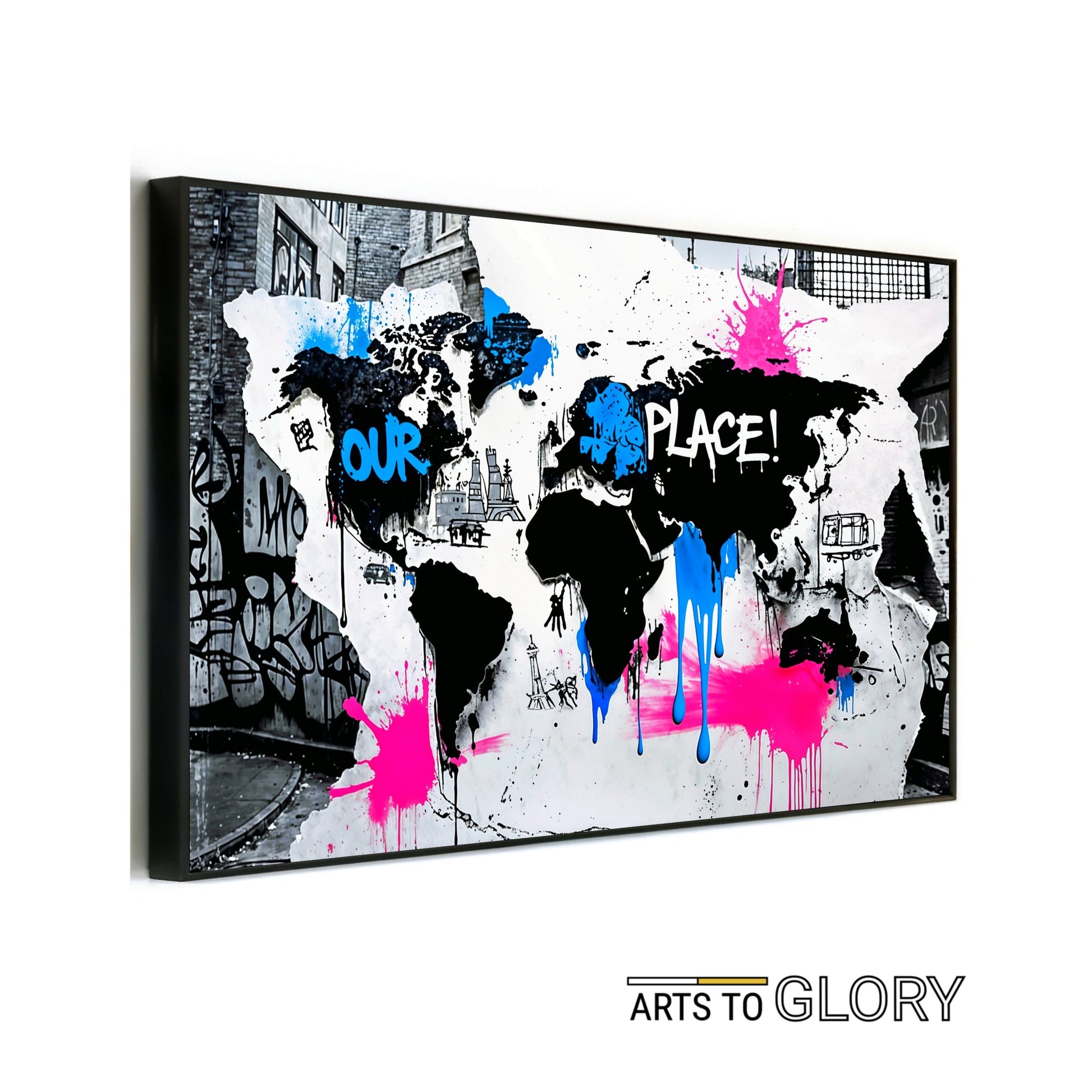 "Our Place" - World Map - Arts To Glory"Our Place" - World MapDigital Wall ArtArts To GloryBold graffiti - style world map artwork with stencil continents, neon pink and blue drips, and OUR PLACE typography