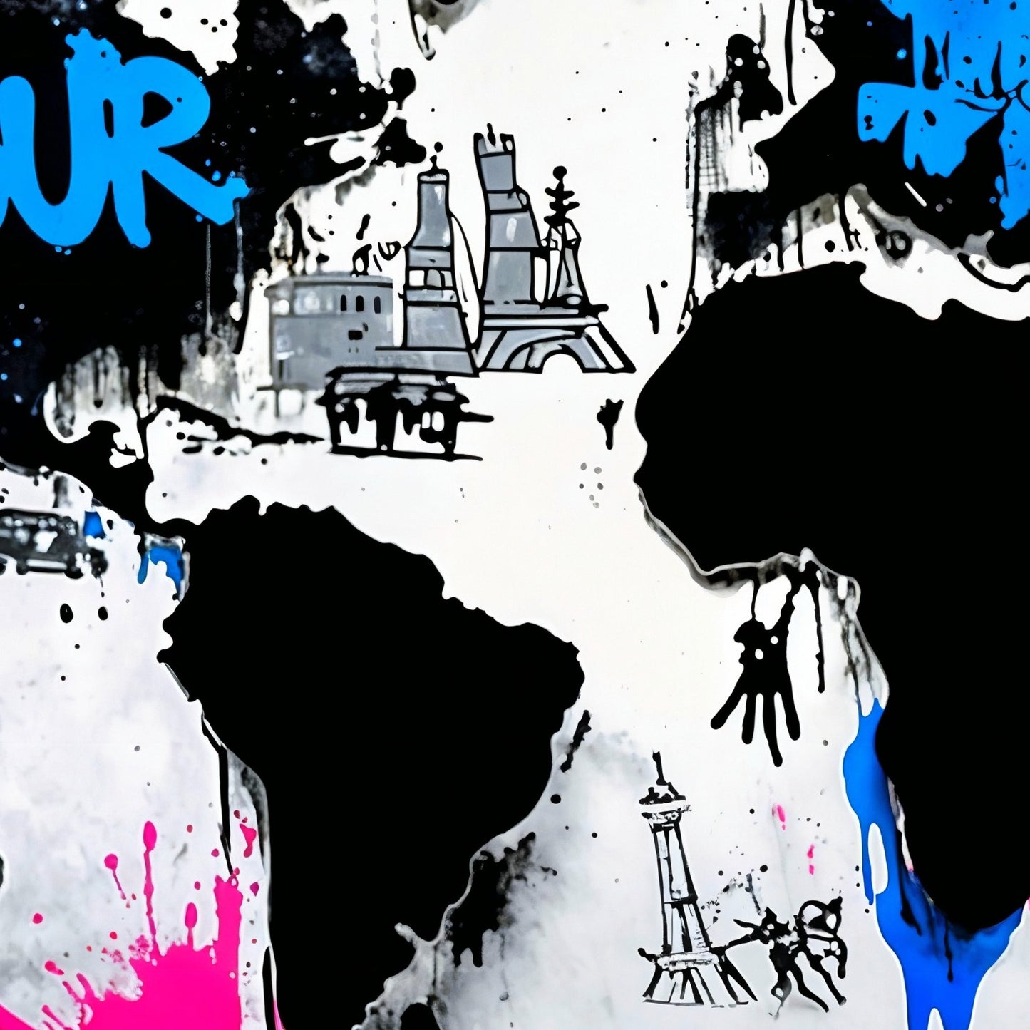 "Our Place" - World Map - Arts To Glory"Our Place" - World MapDigital Wall ArtArts To GloryClose - up of a contemporary world map artwork in graffiti style showcasing detailed stencil elements and bold neon splashes