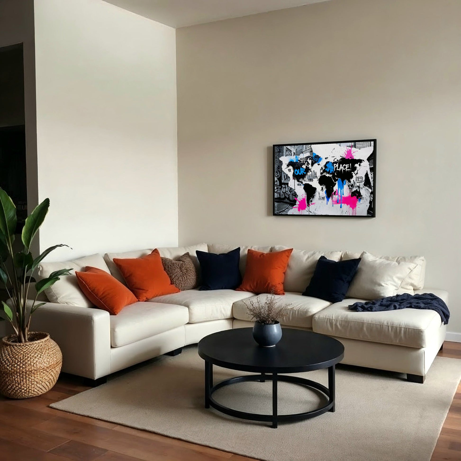 "Our Place" - World Map - Arts To Glory"Our Place" - World MapDigital Wall ArtArts To GloryA loft - style interior with natural light highlighting a bold framed street - art world map print blending black stencil continents with vibrant urban elements