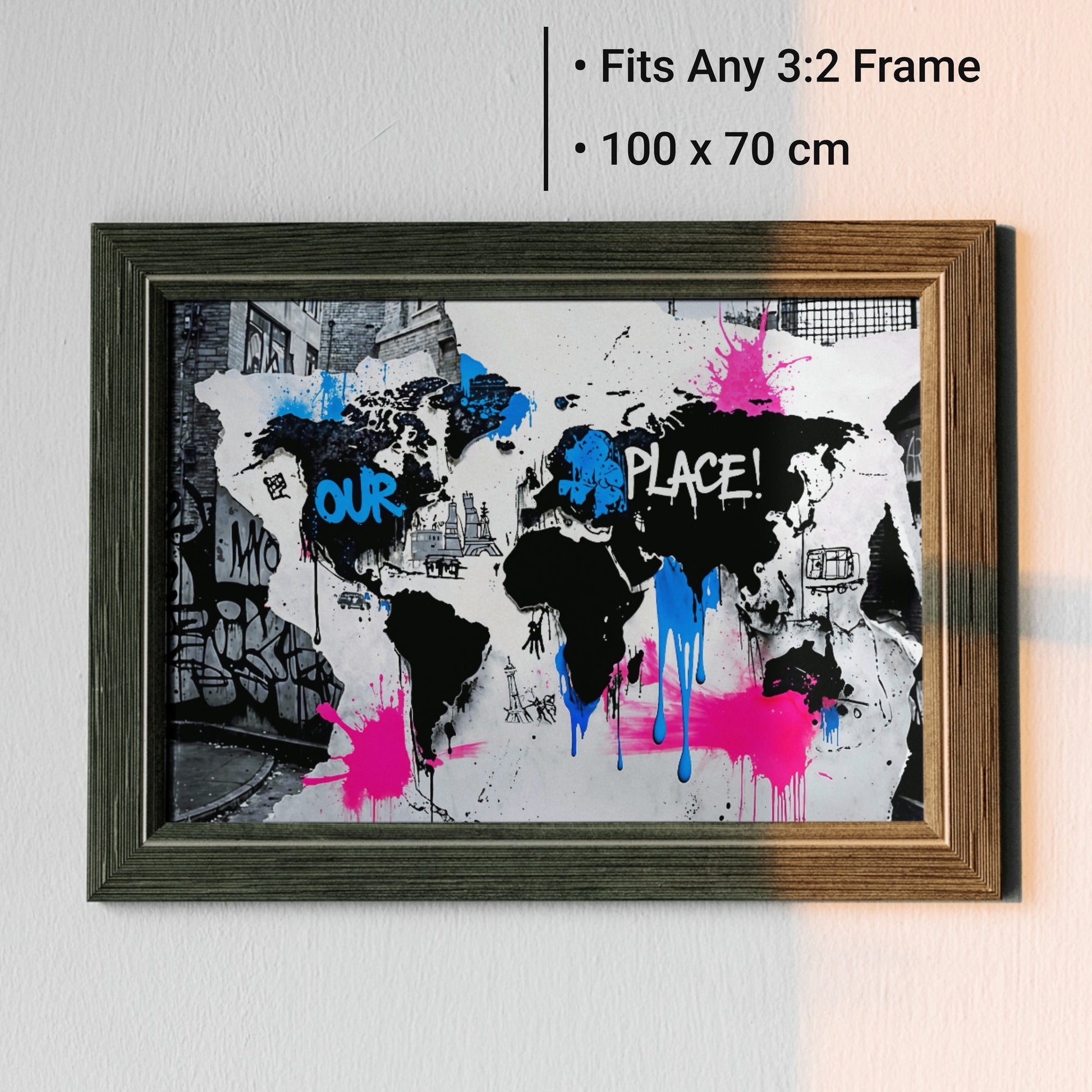 "Our Place" - World Map - Arts To Glory"Our Place" - World MapDigital Wall ArtArts To GloryFramed 100x70cm print of a graffiti - inspired world map with a raw street - art aesthetic ideal for modern loft interiors