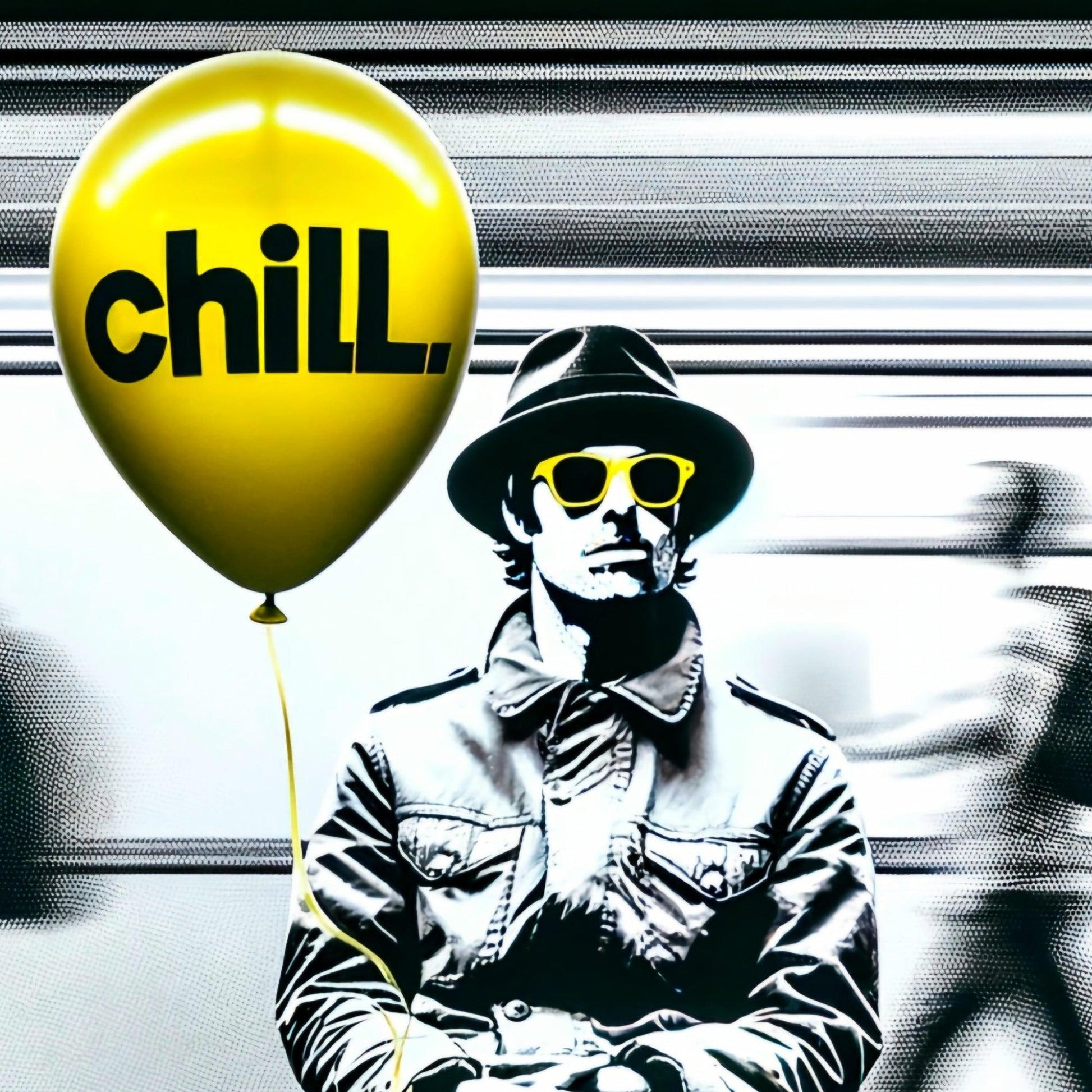 Pause & Chill | Chilled Man Holding Yellow Balloon | Urban Monochrome Art with Bold Yellow Accent | Home Decor | Digital Download | 100 x 70 cm - Arts To GloryPause & Chill | Chilled Man Holding Yellow Balloon | Urban Monochrome Art with Bold Yellow Accent | Home Decor | Digital Download | 100 x 70 cmTextual NarrativesArts To GloryA monochrome image of a man in a hat and yellow sunglasses holding a bright yellow balloon with the word chill. against a halftone dotted background.