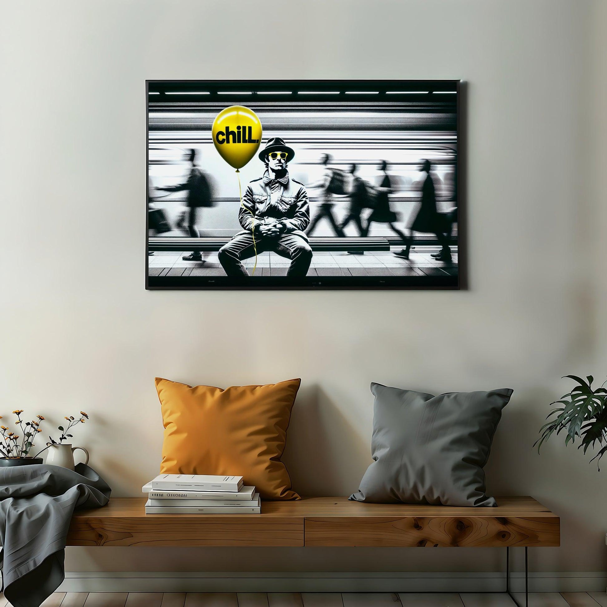 Pause & Chill | Chilled Man Holding Yellow Balloon | Urban Monochrome Art with Bold Yellow Accent | Home Decor | Digital Download | 100 x 70 cm - Arts To GloryPause & Chill | Chilled Man Holding Yellow Balloon | Urban Monochrome Art with Bold Yellow Accent | Home Decor | Digital Download | 100 x 70 cmTextual NarrativesArts To GloryMonochrome wall art of a relaxed individual holding a chill balloon in a fast-paced urban setting, creating a striking contrast for modern home decor.