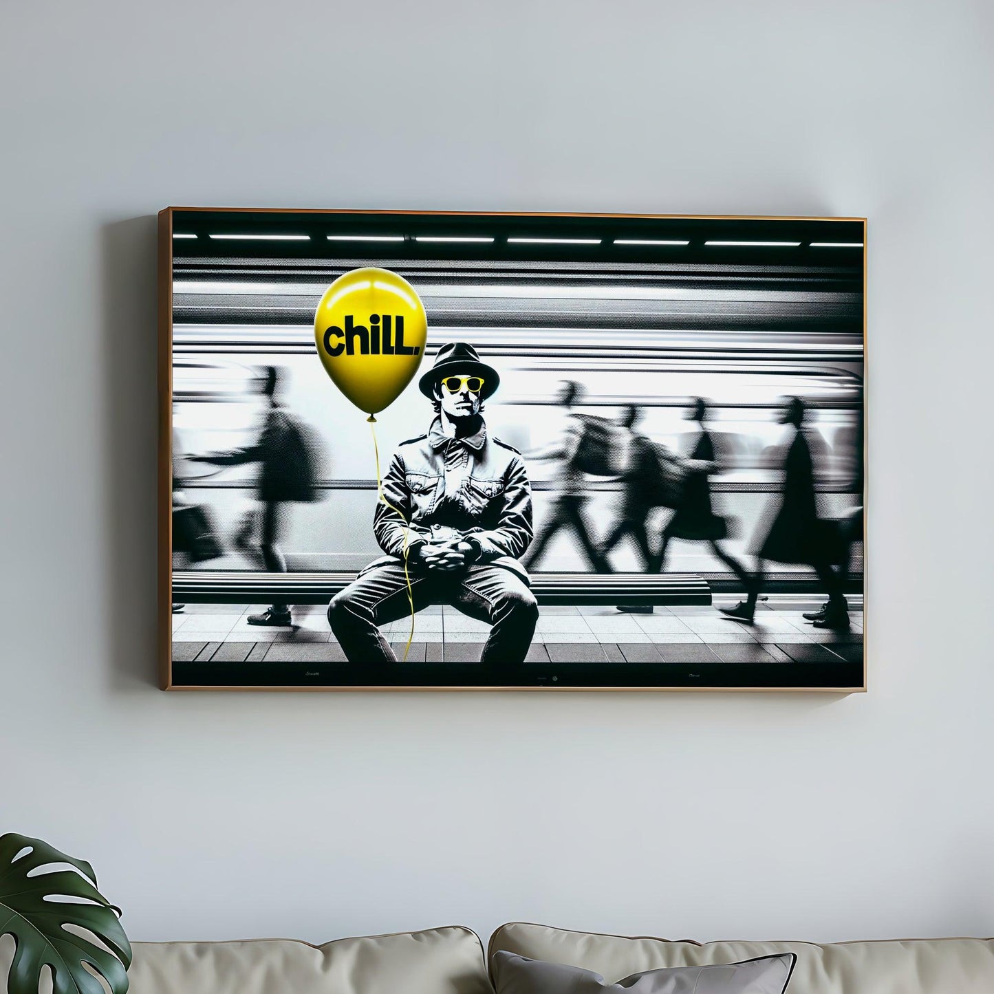 Pause & Chill | Chilled Man Holding Yellow Balloon | Urban Monochrome Art with Bold Yellow Accent | Home Decor | Digital Download | 100 x 70 cm - Arts To GloryPause & Chill | Chilled Man Holding Yellow Balloon | Urban Monochrome Art with Bold Yellow Accent | Home Decor | Digital Download | 100 x 70 cmTextual NarrativesArts To GloryMonochrome image of a relaxed man with a yellow balloon stating 'chill' in a busy subway, canvas print