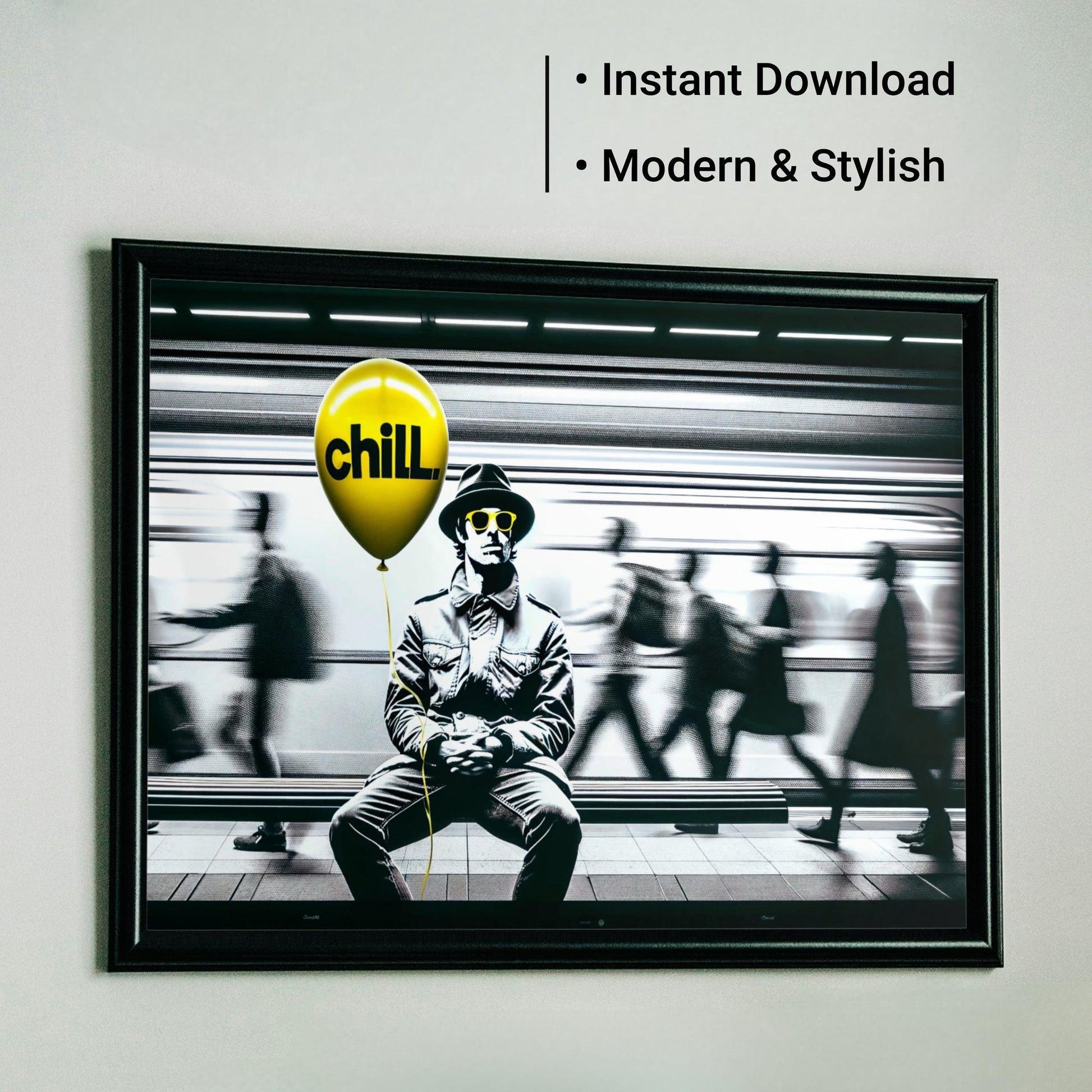 Pause & Chill | Chilled Man Holding Yellow Balloon | Urban Monochrome Art with Bold Yellow Accent | Home Decor | Digital Download | 100 x 70 cm - Arts To GloryPause & Chill | Chilled Man Holding Yellow Balloon | Urban Monochrome Art with Bold Yellow Accent | Home Decor | Digital Download | 100 x 70 cmTextual NarrativesArts To GloryInstant download monochrome wall art with a bright chill balloon, offering a modern and stylish touch to interiors, blending stillness and city life movement.