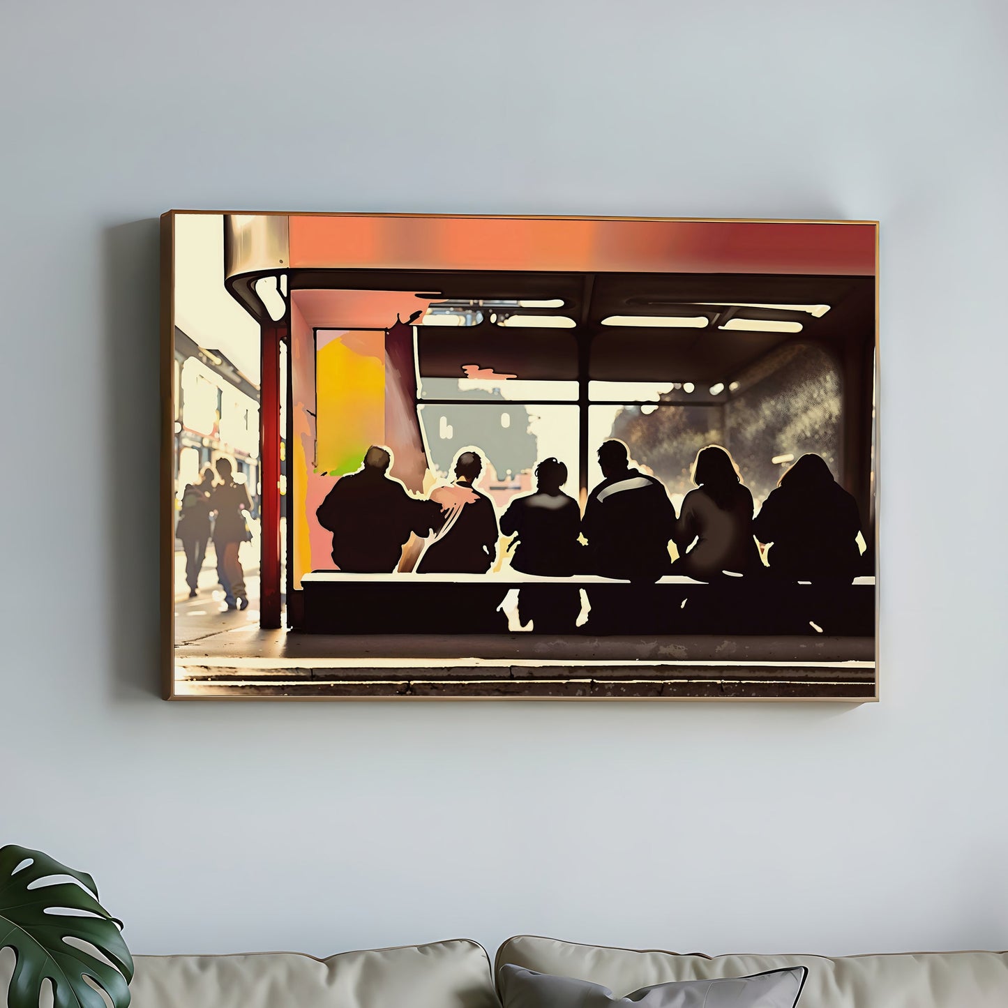 People on Bus Stop Bench | Evening Silhouettes Wall Art in Black & Palm Red | Bold Contrast Design | Home Decor | Digital Download | 100 x 70 cm | Wide Format Digital Print - Arts To GloryPeople on Bus Stop Bench | Evening Silhouettes Wall Art in Black & Palm Red | Bold Contrast Design | Home Decor | Digital Download | 100 x 70 cm | Wide Format Digital PrintColourful ExpressionsArts To GloryContemporary wall art depicting silhouetted figures sitting at a bus stop with a vibrant sunset background