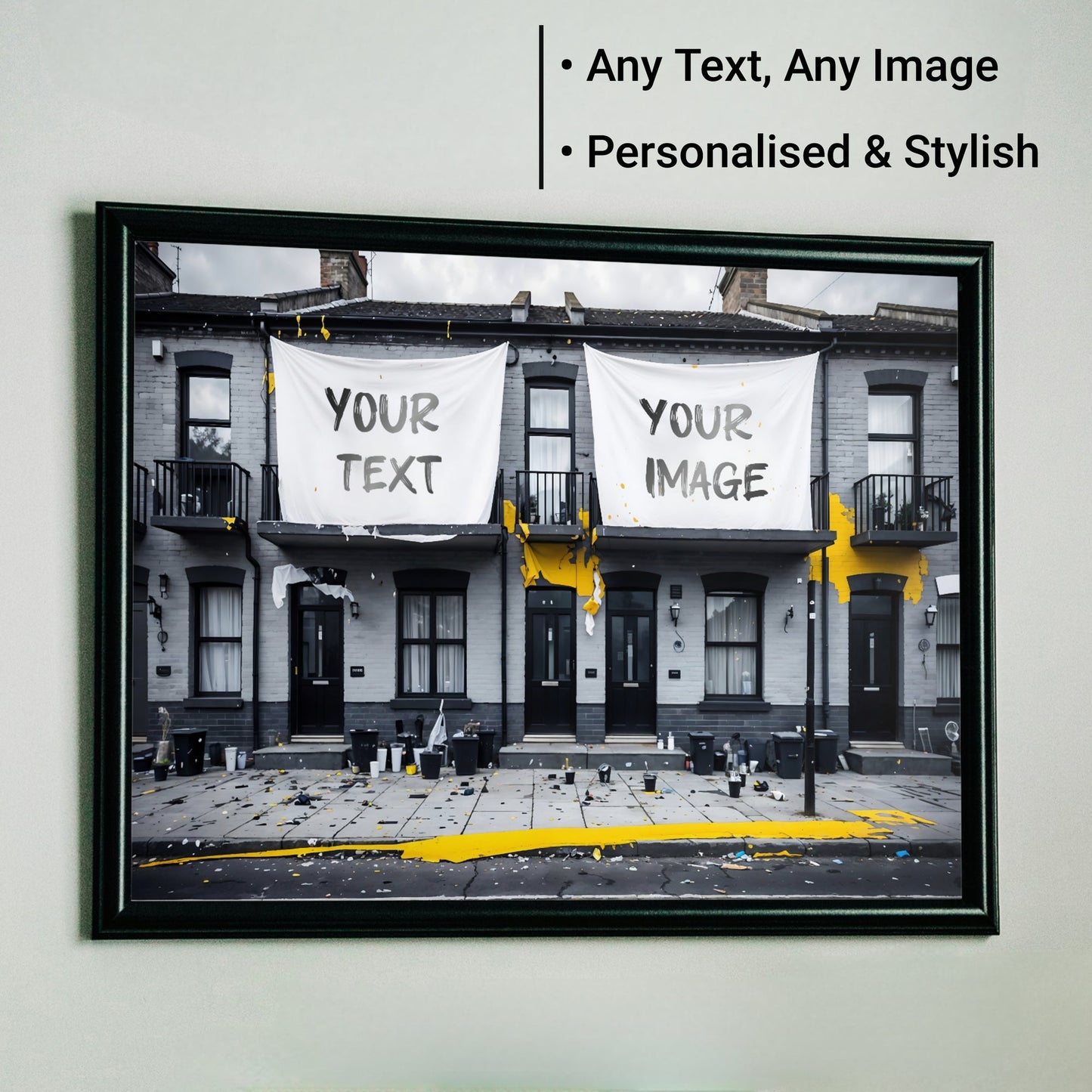 Personalised Urban Art | Customizable Morning After House Party Scene | Black and Yellow Accents | Modern Digital Art | 100 x 70 cm | Home Décor - Arts To GloryPersonalised Urban Art | Customizable Morning After House Party Scene | Black and Yellow Accents | Modern Digital Art | 100 x 70 cm | Home DécorPersonalised/CustomArts To GloryPersonalised urban art print depicting the morning after a house party, with customizable text and images, featuring black and yellow accents, framed and displayed 