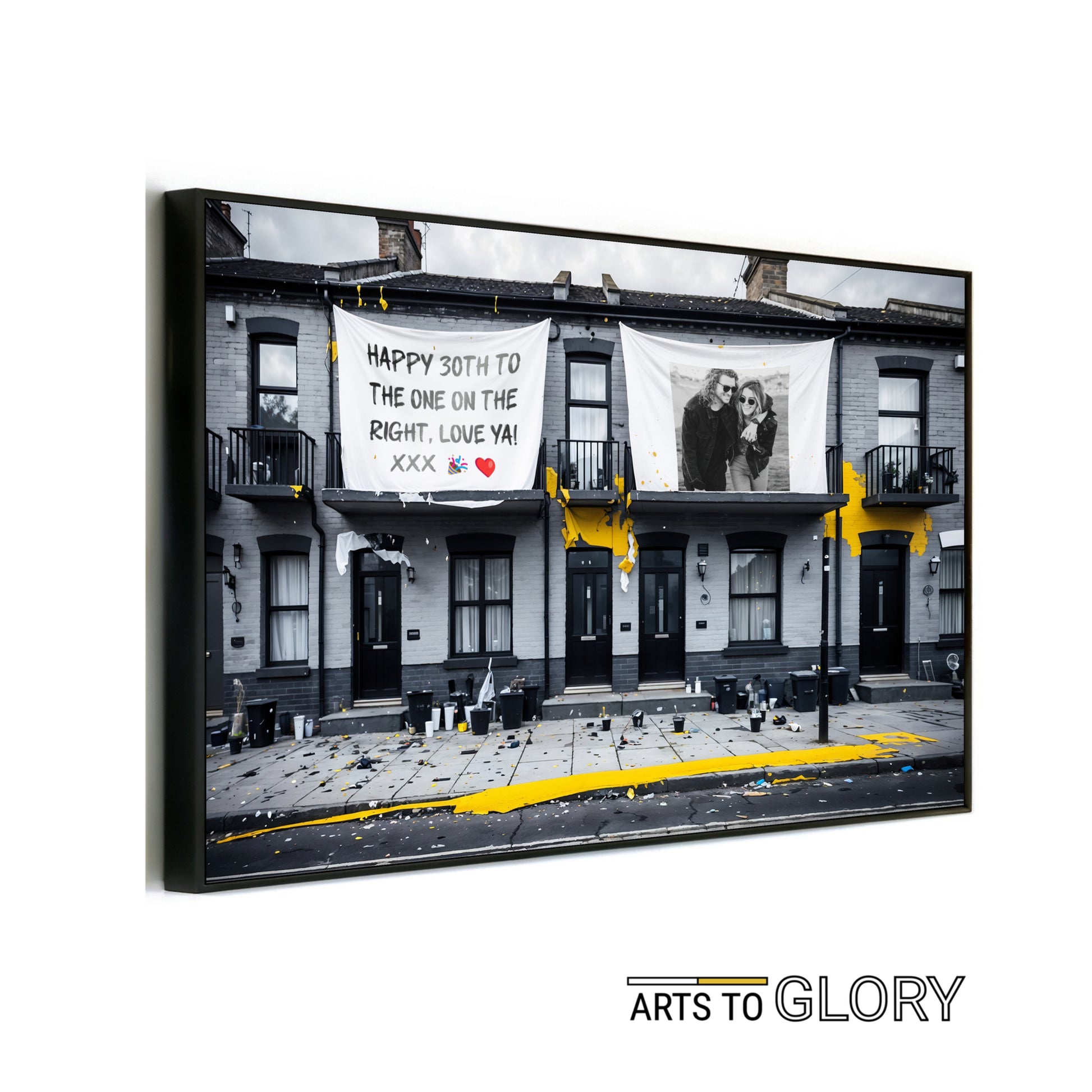 Personalised Urban Art depicting the morning after a house party with customizable text and images, featuring black and yellow accents, displayed in a modern frame.