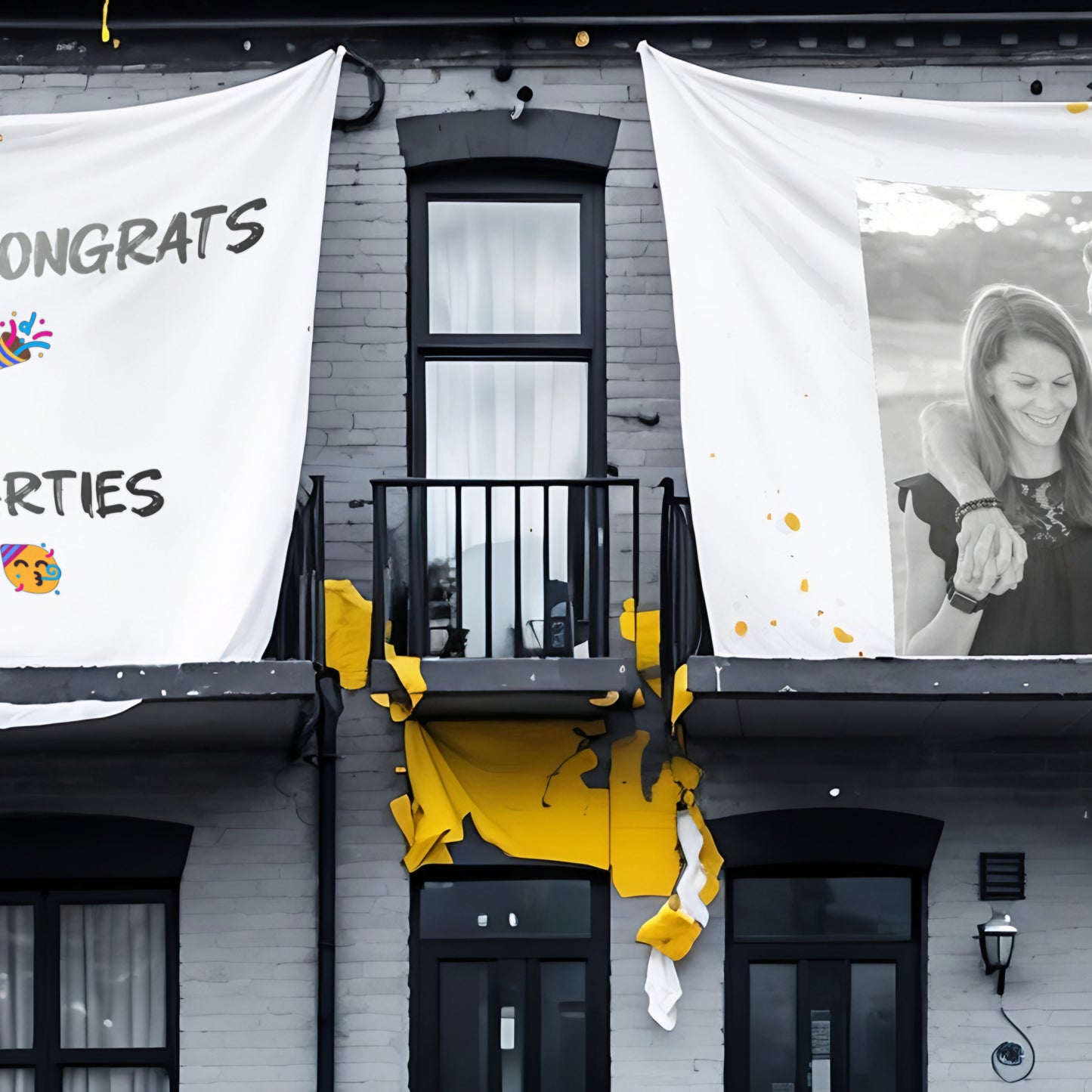 Close-up of a personalised urban art piece depicting the morning after a house party, with customizable text and images on banners, featuring black and yellow accents on a house front.