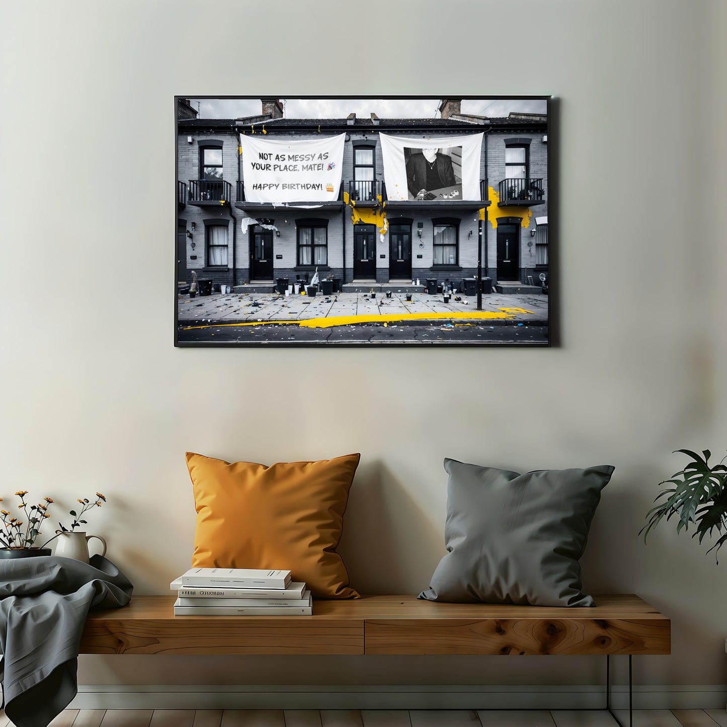 Personalised urban art piece depicting the morning after a house party, with customizable text and images, featuring black and yellow accents, displayed in a modern living room above a bench with cushions.