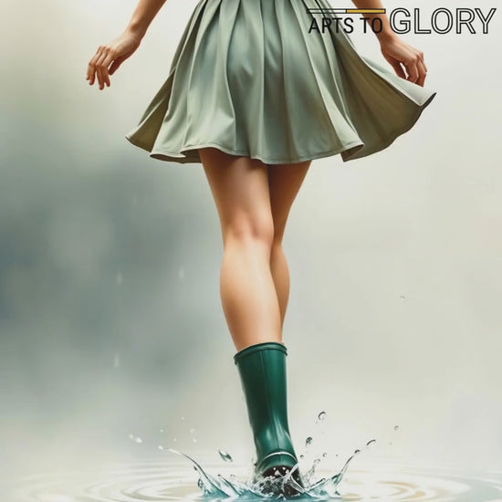 Video showcasing a close-up of the artwork featuring a woman wearing green wellies splashing through a puddle, emphasizing movement and vibrant green tones in a modern décor setting.