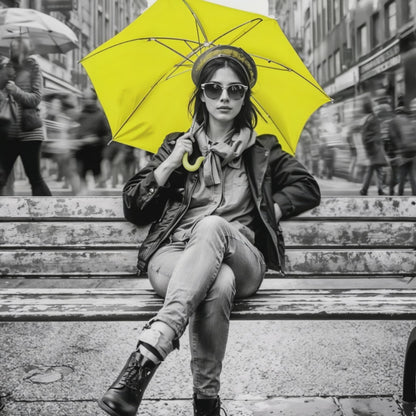Promotional video showcasing Arts To Glory’s yellow umbrella urban portrait artwork in stylish interiors, highlighting its bold contrast and resilient design.