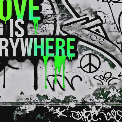 Video showcasing close-up details of the Love Is Everywhere graffiti artwork, emphasising the vibrant green dripping text and textured urban background in a modern décor setting