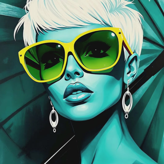 Short promotional clip showcasing the bold pop-art design of a teal-toned woman with yellow sunglasses and an umbrella, highlighting modern décor ideas by Arts To Glory.