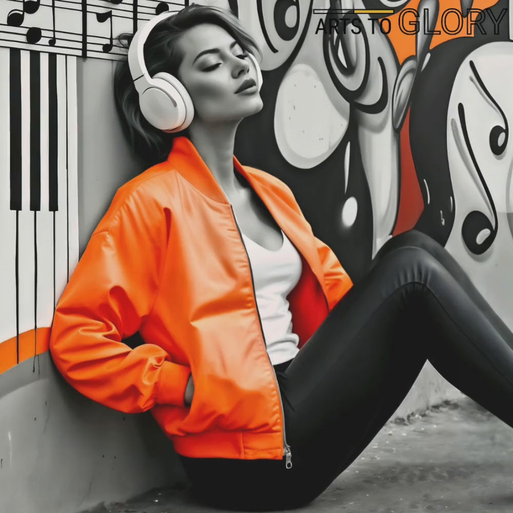 Video showcasing a close-up view of the urban music art, featuring a woman with headphones and an orange jacket in a monochrome city setting.