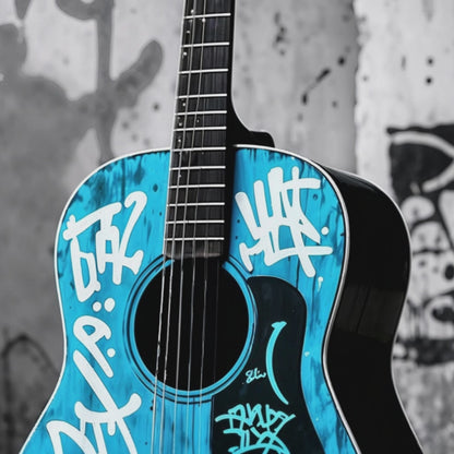 Video showcase of a two-piece modern wall art set featuring a blue graffiti-covered acoustic guitar, highlighting its bold urban aesthetic.