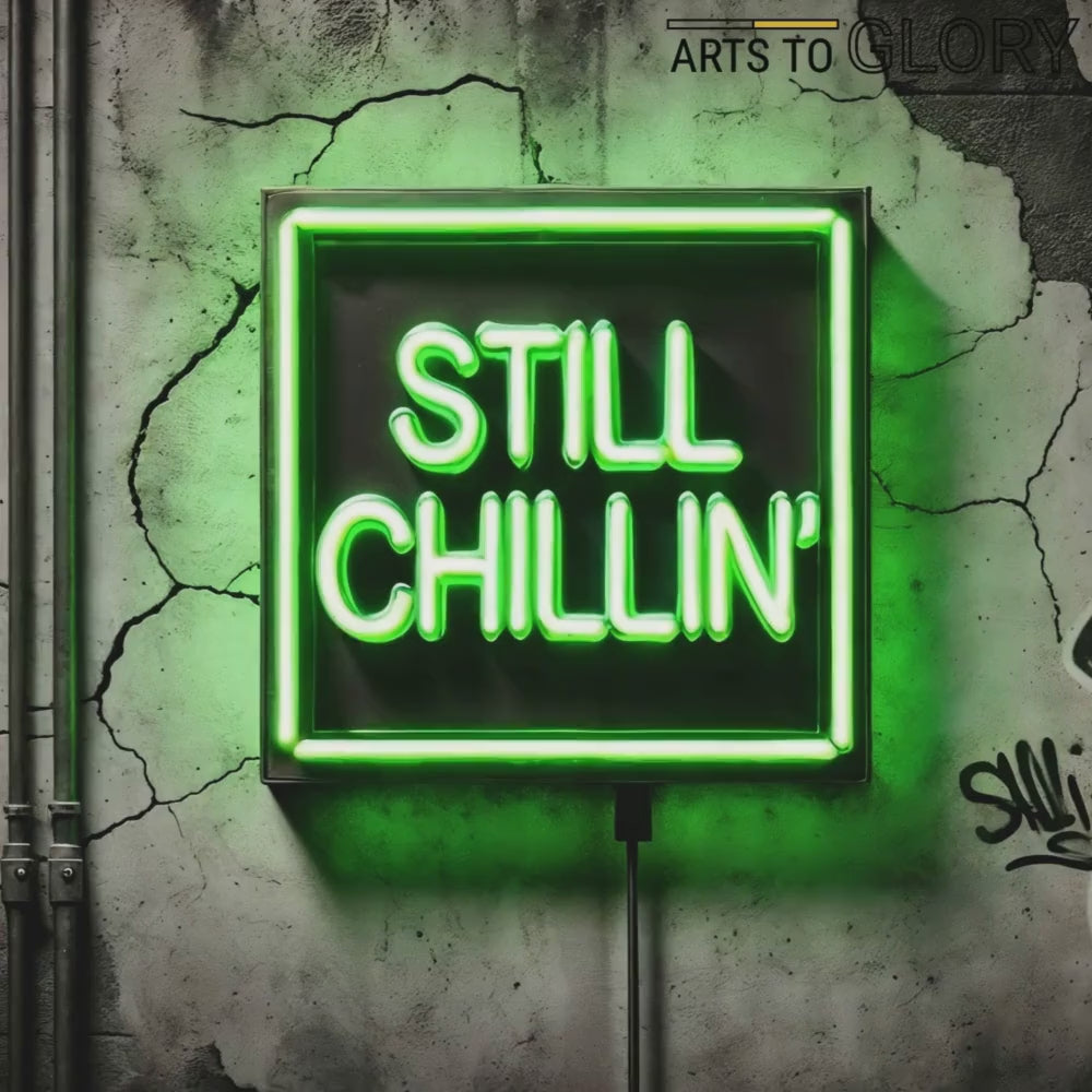 Video showcasing the neon green Still Chillin artwork in an urban setting, highlighting graffiti and gritty textures.