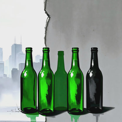 Video showcasing a close-up view of the green bottles against a cracked wall with urban textures and cityscape backdrop, styled in a modern interior setting.