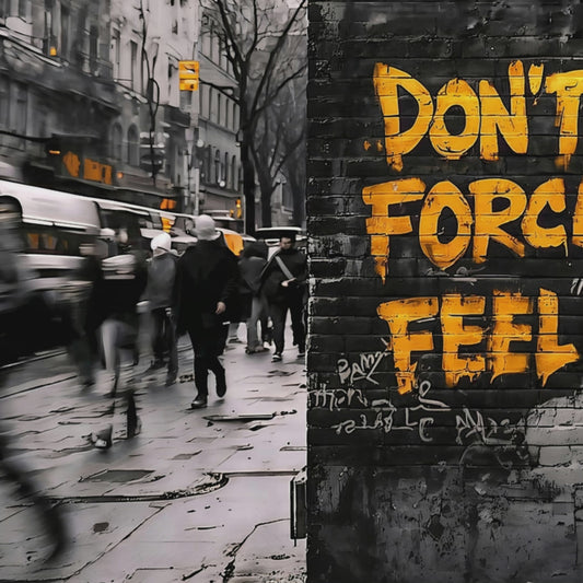 Promotional video showcasing Arts To Glory’s "Don't Force... Feel" graffiti wall artwork in stylish interiors, highlighting its bold yellow text and gritty urban texture.