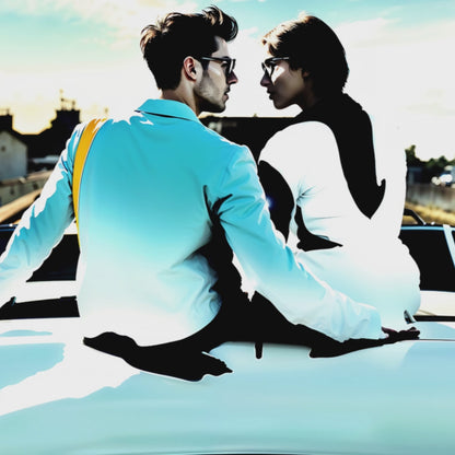 couple sitting on blue car.