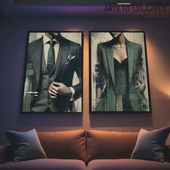 Video showcasing a close-up view of the set of 2 digital wall art featuring bold green accents on a man in a suit and a woman in a jacket, emphasizing urban textures in a modern décor setting.