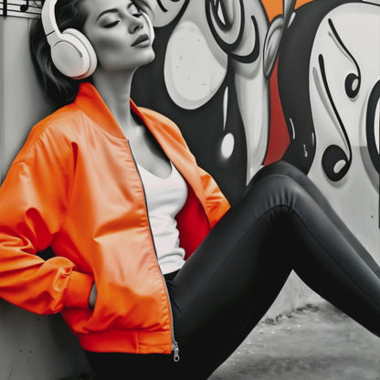 Video showcasing a close-up view of the urban music art, featuring a woman with headphones and an orange jacket in a monochrome city setting.