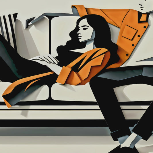 Couple sitting on sofa, in orange.