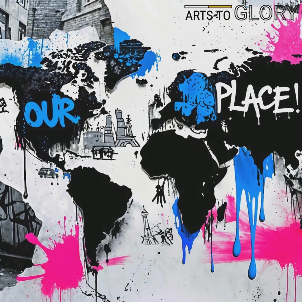 Short promotional clip showcasing the bold graffiti world map artwork emphasizing urban textures and neon contrast for modern interiors