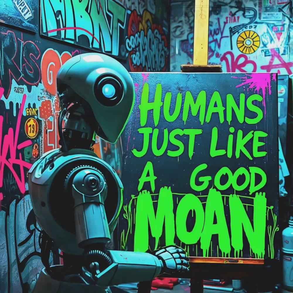 Short promotional video showcasing graffiti-inspired artwork with a robot painting the phrase Humans Just Like a Good Moan, ideal for urban décor.