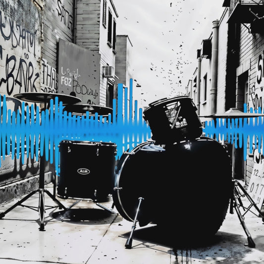 Short promotional video showcasing the bold urban artwork of a drum kit and vivid blue soundwave, set against graffiti elements.