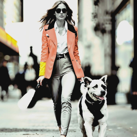 woman walking her dog in orange coat.