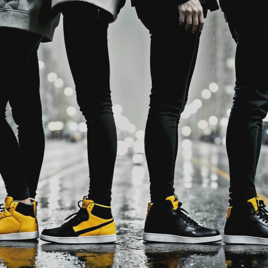 Zoom-in video of the Urban Rhythm art piece, highlighting the details of yellow and black trainers in a rainy cityscape, perfect for showcasing modern urban décor.