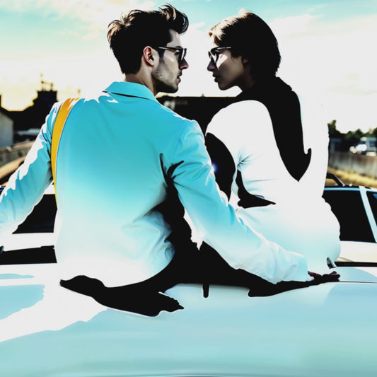 couple sitting on blue car.