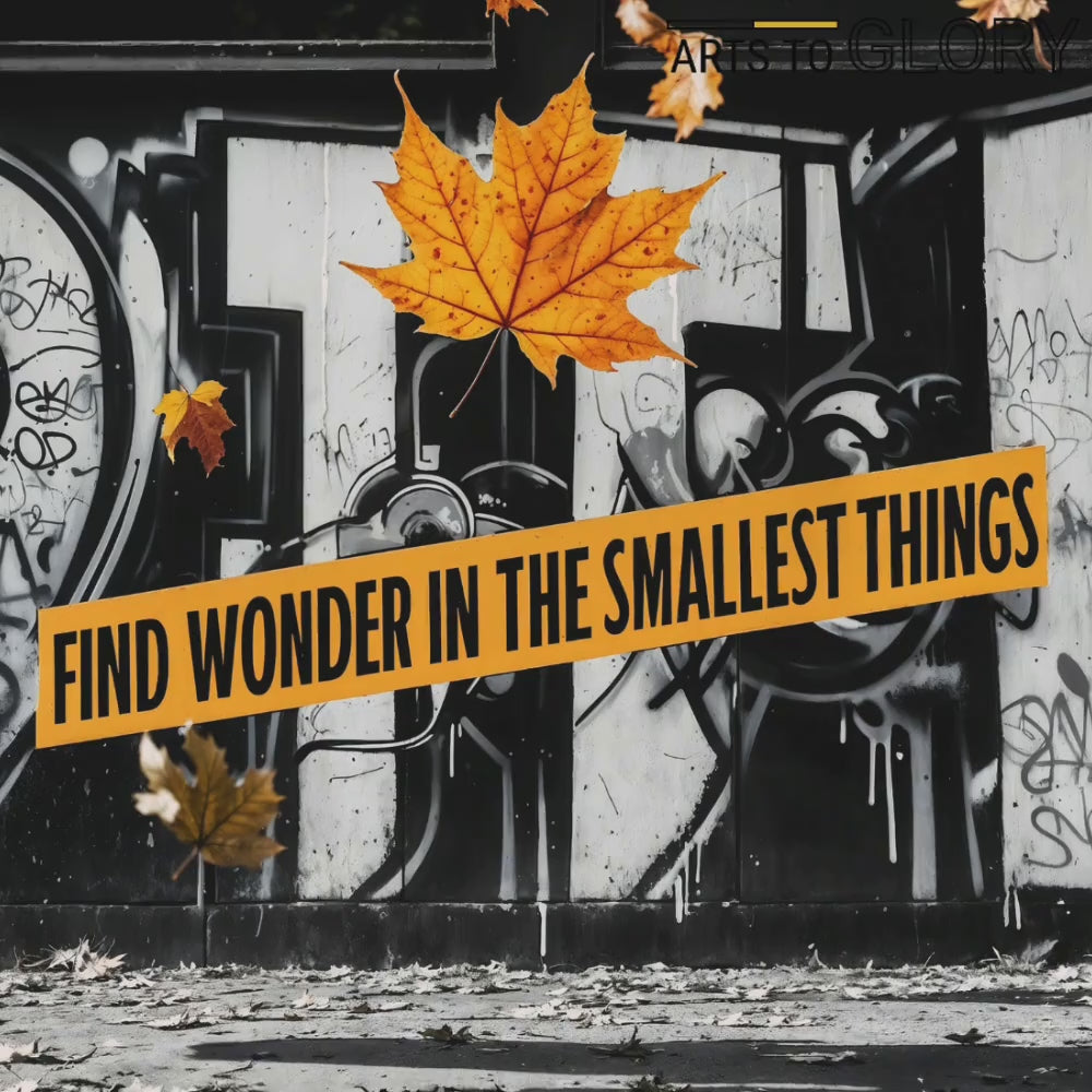 Video showcasing a close-up view of urban graffiti art with vibrant autumn leaves and the text "Find Wonder in the Smallest Things," ideal for modern décor.