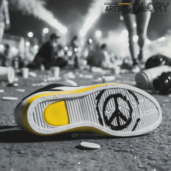 Zoom-in view of a modern art piece featuring a shoe with a peace sign on the sole, highlighting the bright yellow detail against a black-and-white festival background. The video emphasizes the themes of urban culture and peace.