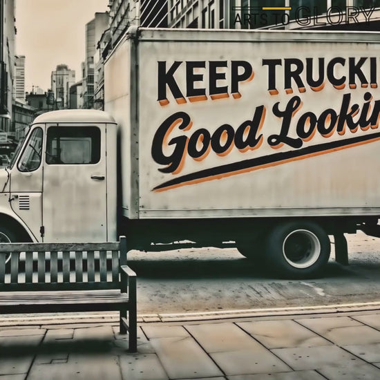 Video highlighting close-up details of the bold text and the vintage delivery truck in an urban street setting. Perfect for industrial and urban home décor.