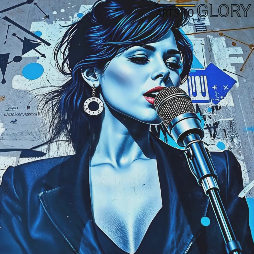 Short promotional clip showcasing a singer-themed digital artwork with bold blue tones and graffiti-inspired elements, ideal for urban décor enthusiasts.